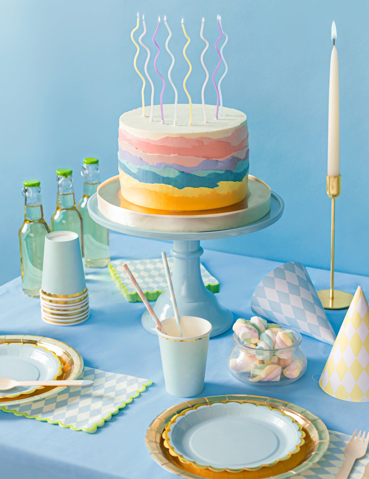 8 viacfarebných pastelových špirálových sviečok 14 cm s bobèches