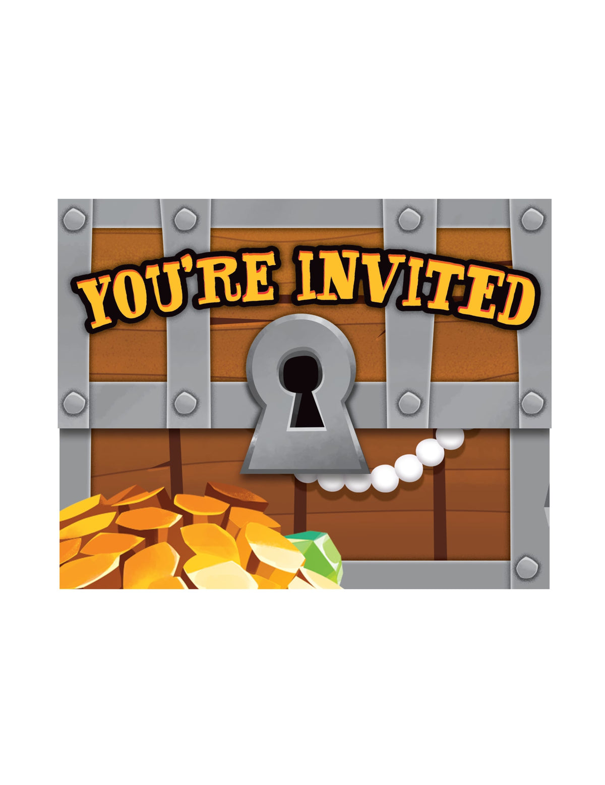 Cartes d'invitation trésor de pirate en forme de coffre marron et doré
