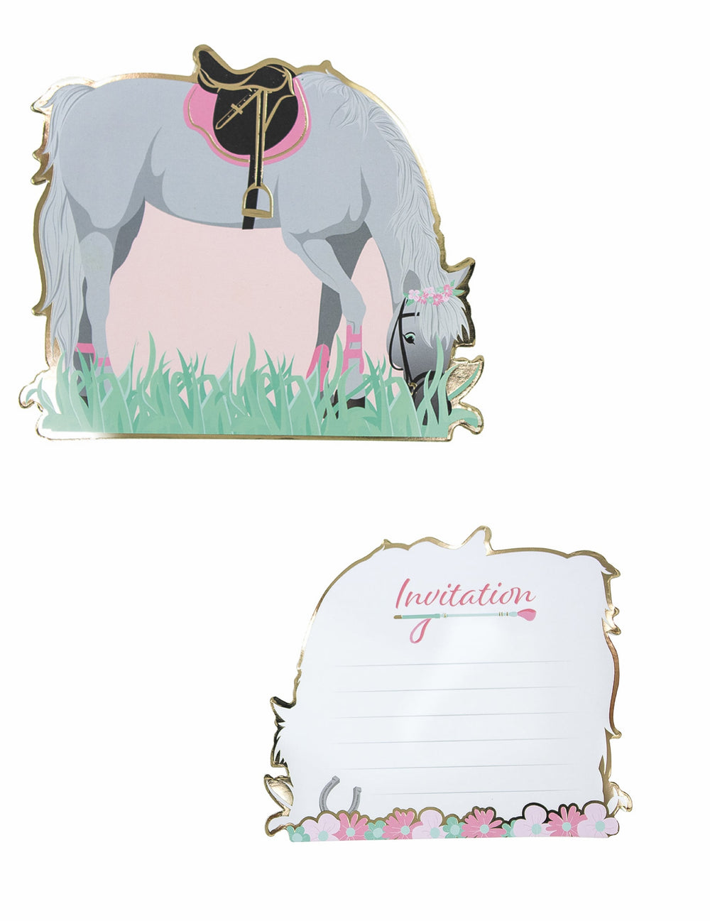 8 cartes d'invitation cheval pour anniversaire grises et roses