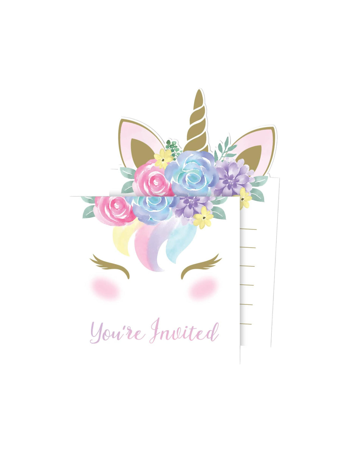 Cartons d'invitation avec enveloppes licorne féerique pour enfant aux couleurs pastel et fleurs