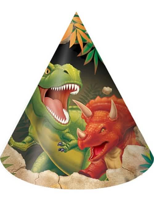 Kartónové klobúky na oslavu Dinosauri na narodeniny s T-Rexom a Triceratopsom