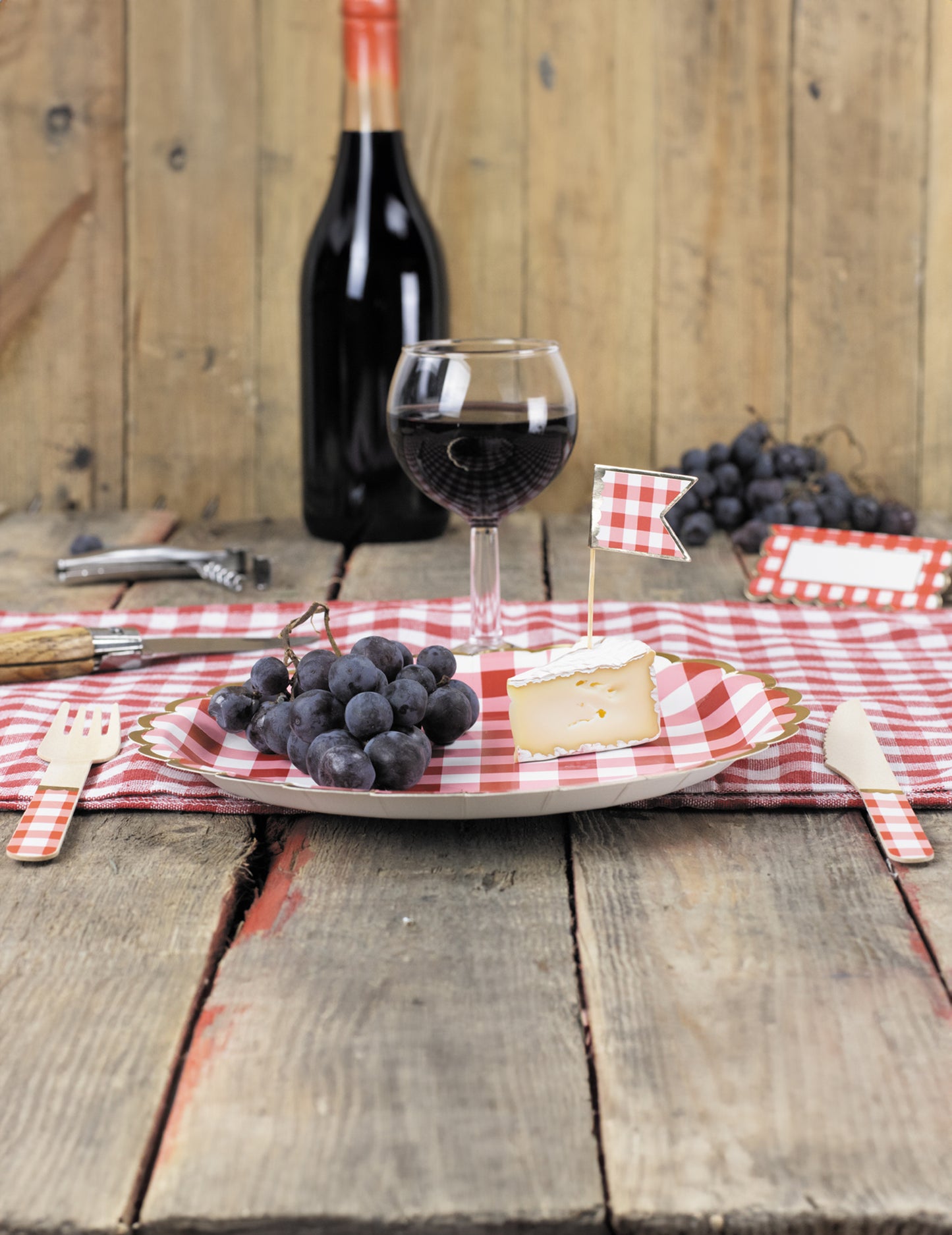 8 drevených nožov v ginghamovej a zlatej farbe, 16,5 cm štýl guinguette