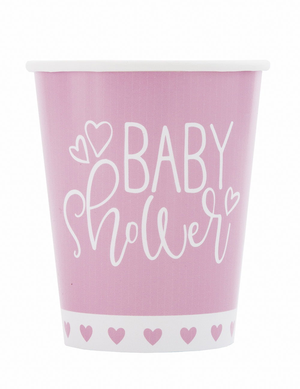Gobelets en carton baby shower roses et blancs à motifs cœurs