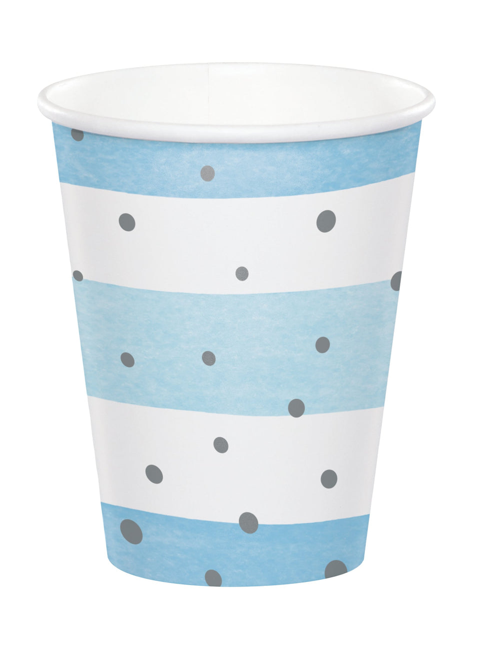 Gobelets en carton à rayures pour fête bleus et blancs à pois argent