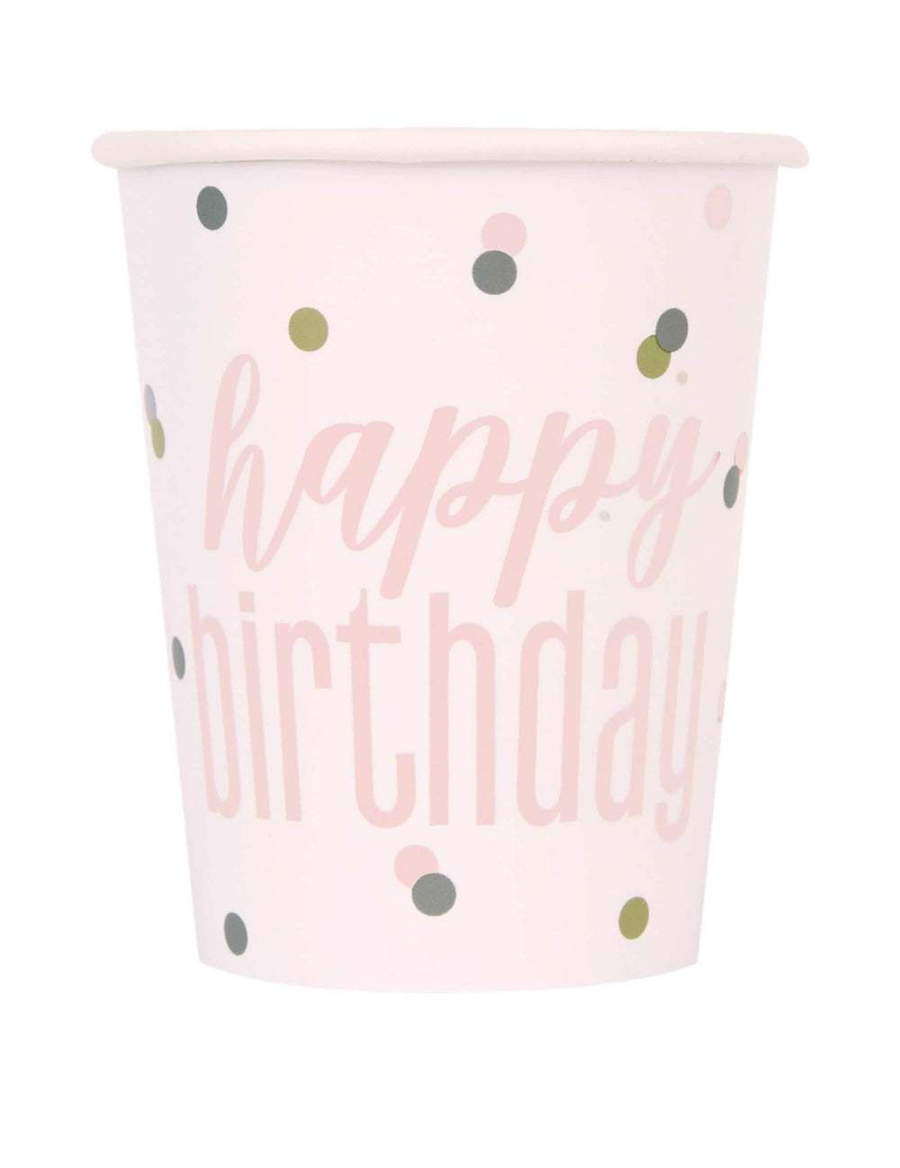 Papierové poháre Happy Birthday na narodeniny biele a ružové s bodkami