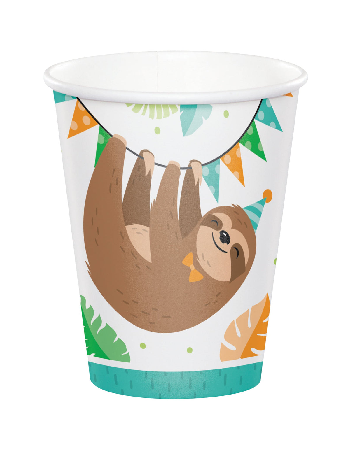 Gobelets en carton paresseux mignon pour anniversaire blanc avec illustration de paresseux suspendu