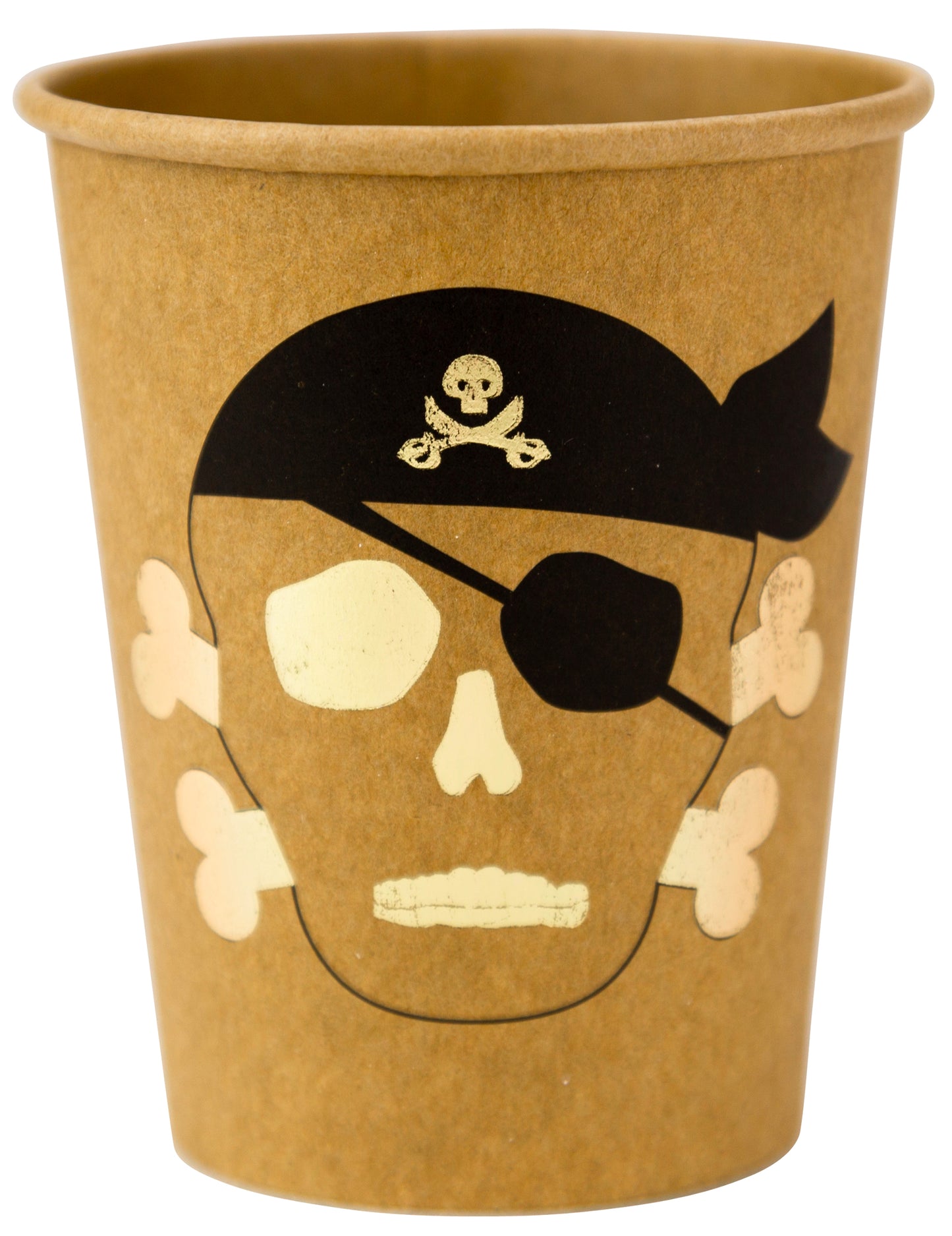 8 pirátskych pohárov z kraftového papiera so zlatým lemom, 255 ml, dizajn lebky a skrížených kostí