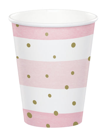 8 ružovo-bielych kartónových pohárov so zlatými bodkami, 256 ml, na oslavu príchodu bábätka