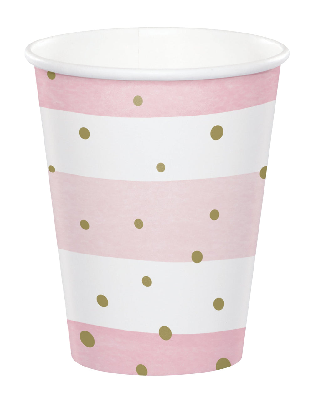 Gobelets en carton baby shower pour fête roses et blancs à pois dorés