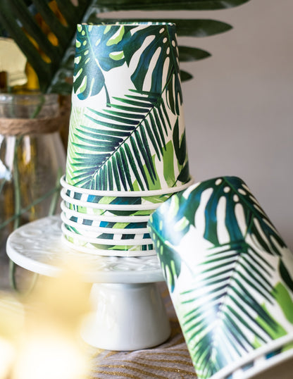 8 zelených papierových pohárov s tropickým motívom, 250 ml, palmové listy