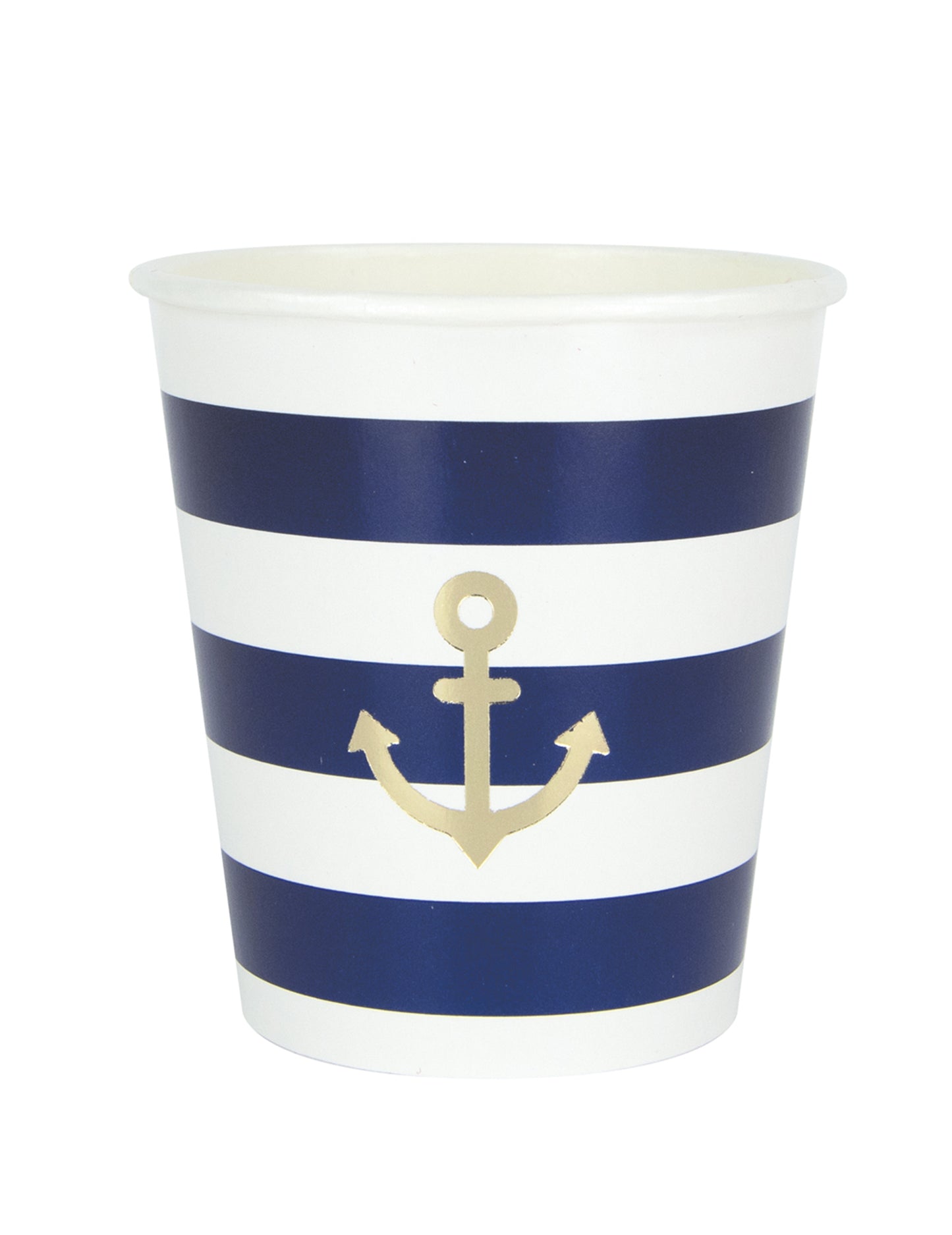 8 vlbových kartónových pohárov, 200 ml, s námorníckym pruhovaným vzorom a zlatou kotvou