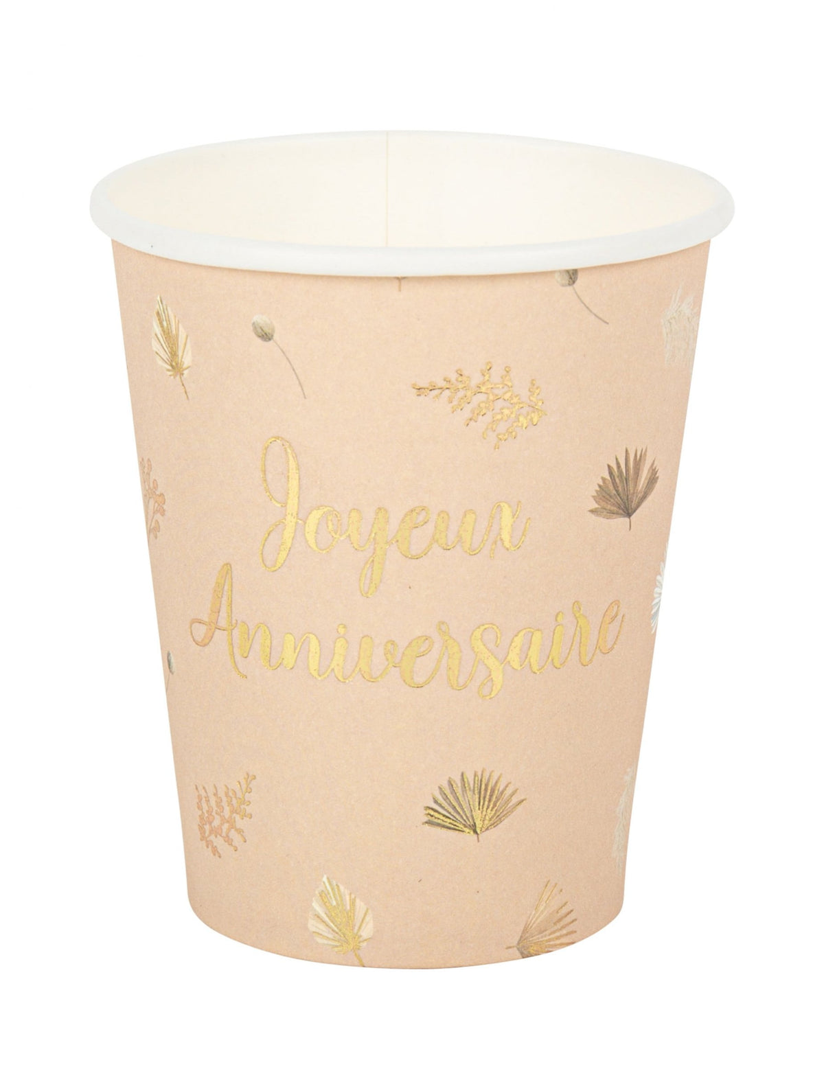 Gobelets Joyeux anniversaire boho pour fête blush et or en carton