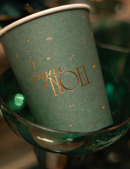 8 gobelets Joyeux Noël L'Intemporel vert anglais et or 25,5 cl