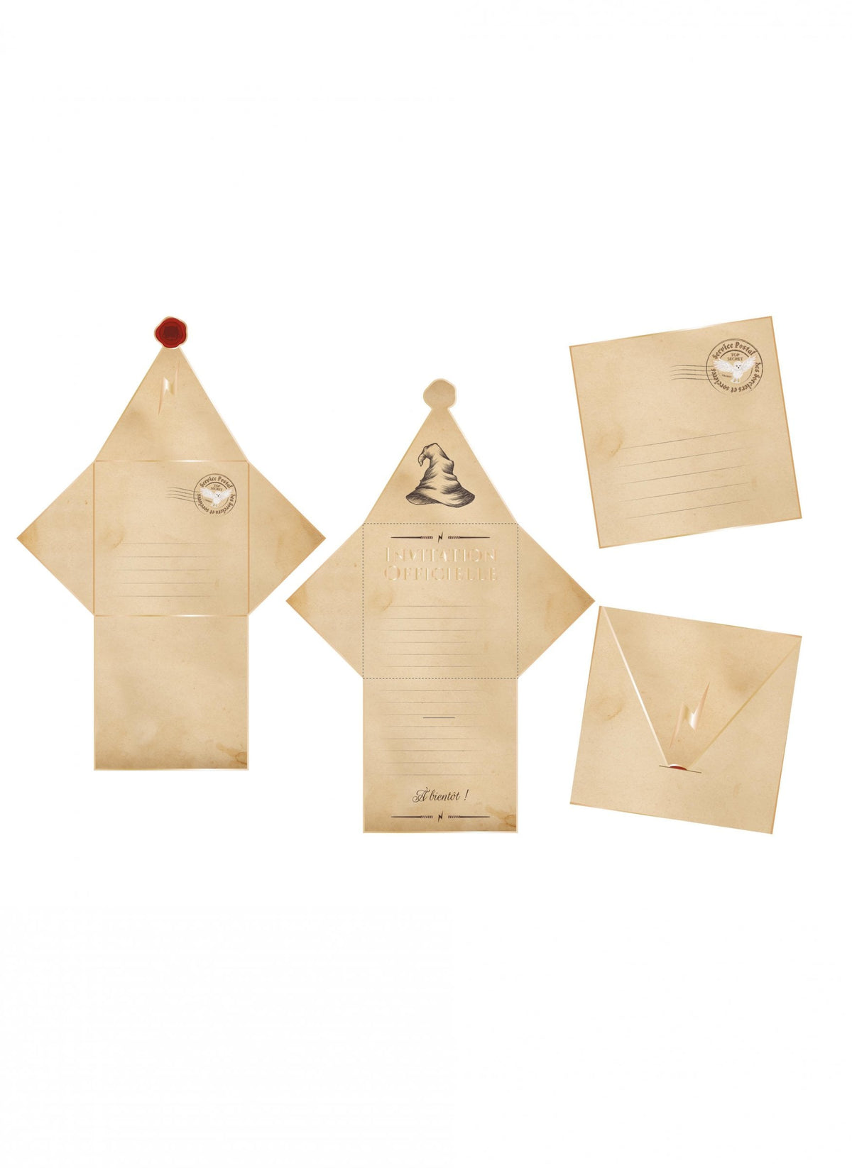 Vue d'ensemble des cartes et enveloppes des invitations avec enveloppes apprenti sorcier