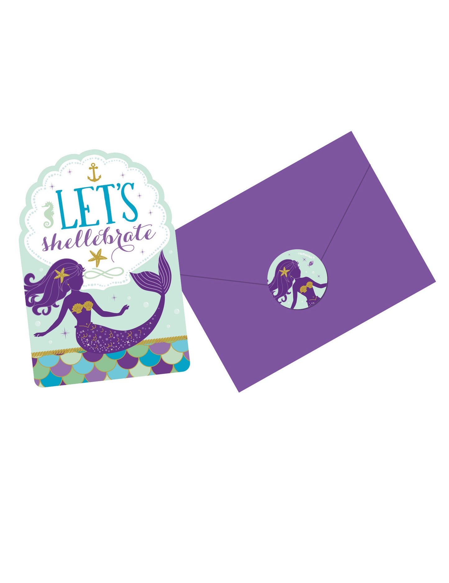 8 pozvánok a obálok + nálepky s morskou pannou 10 x 15 cm na narodeniny