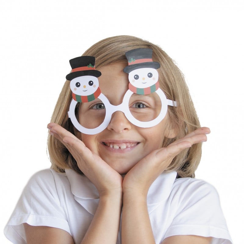 Paire avec bonhomme de neige portée des 8 lunettes en carton rigolotes Sweety Xmas pour Noël