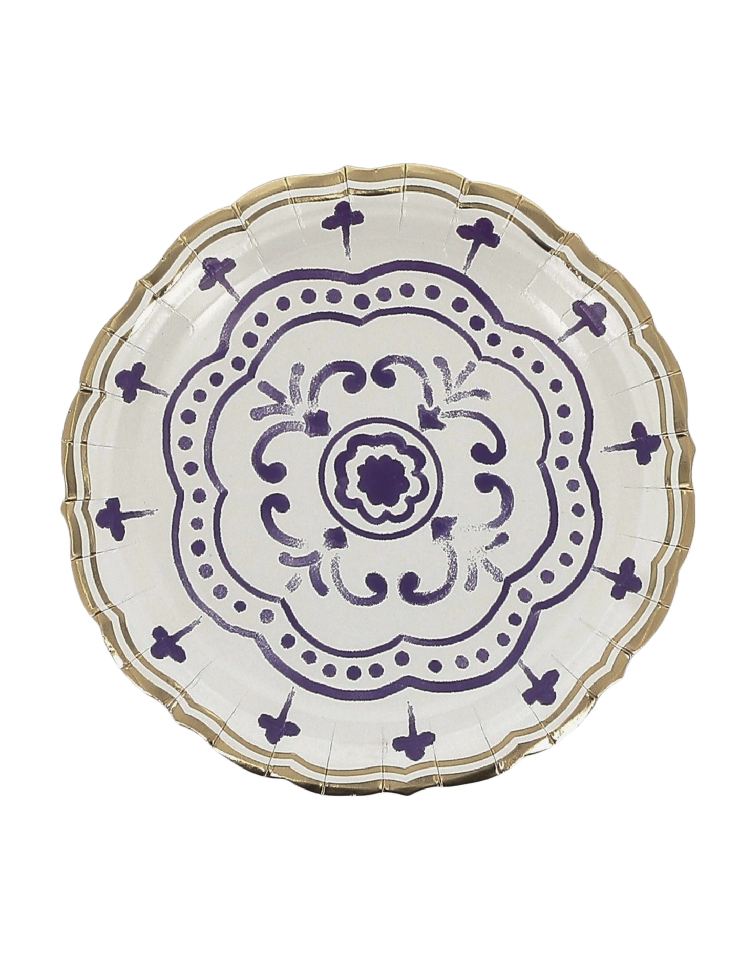 8 malých kartónových tanierov kráľovskej modrej, bielej a zlatej farby, 18 cm, so stredomorským vzorom