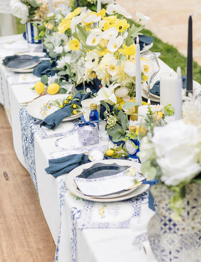 Petites assiettes en carton Bleu roi pour fête avec motifs méditerranéens bleu et blanc