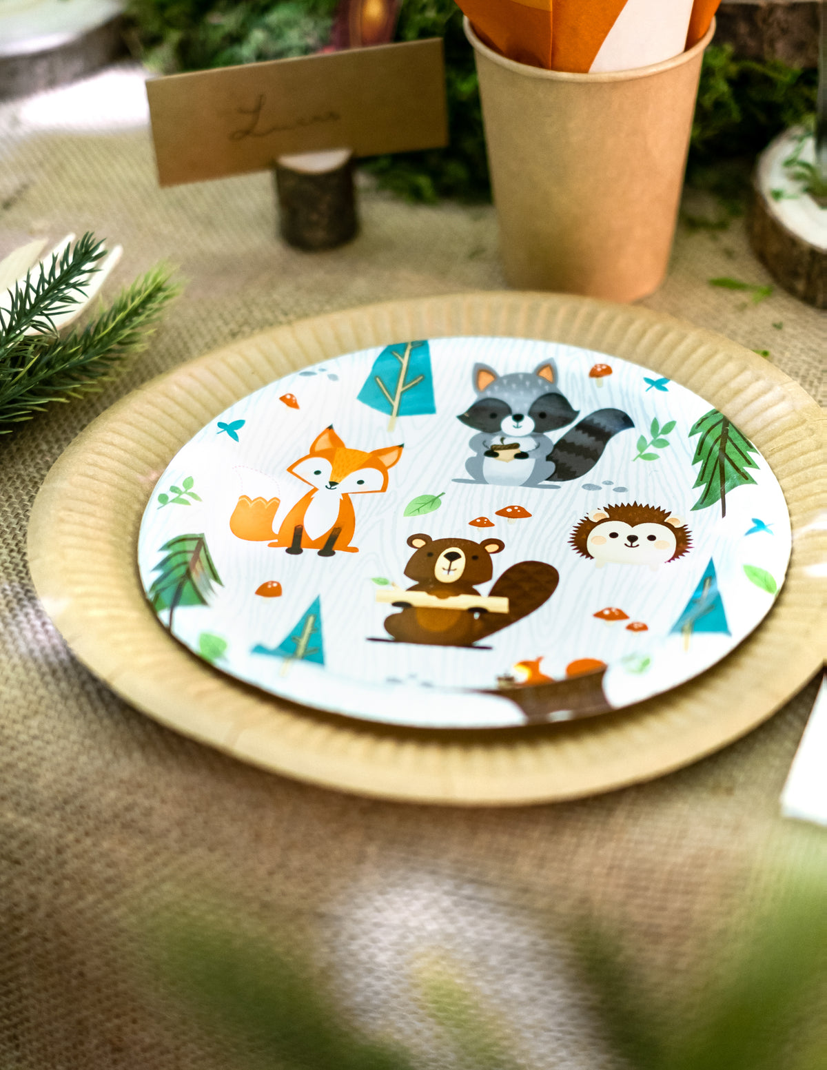 Mise en scène sur toile de jute des petites assiettes en carton animaux de la forêt