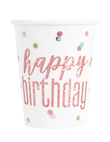 8 bielych a ružových trblietavých kartónových pohárov k narodeninám, 266 ml, s bodkami