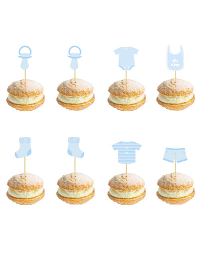 Pics en bois bébé bleu pour baby shower avec motifs naissance