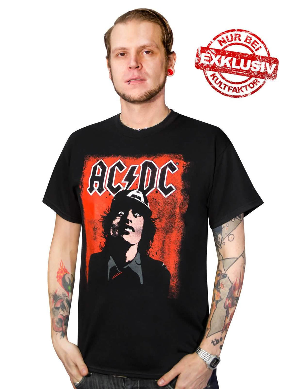tričká AC/DC Silly Face Angus pre muž čierna červená a biela