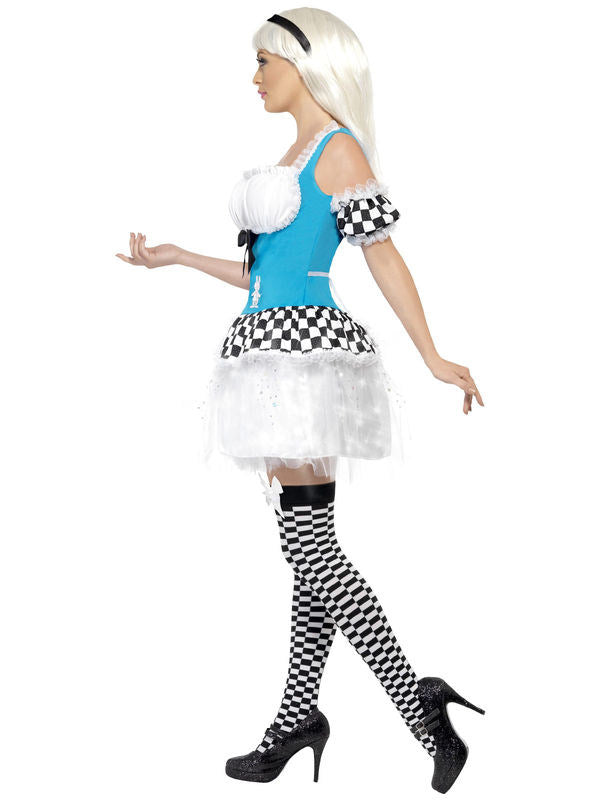 Kostým Alice z rozprávky pre ženy svietiaci svetlomodro-bielo-čierny 