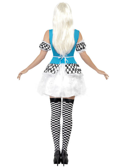 Kostým Alice z rozprávky pre ženy svietiaci svetlomodro-bielo-čierny 