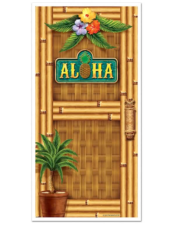 Décoration de porte Hawaï pour fête motif bambou avec fleurs exotiques et inscription Aloha