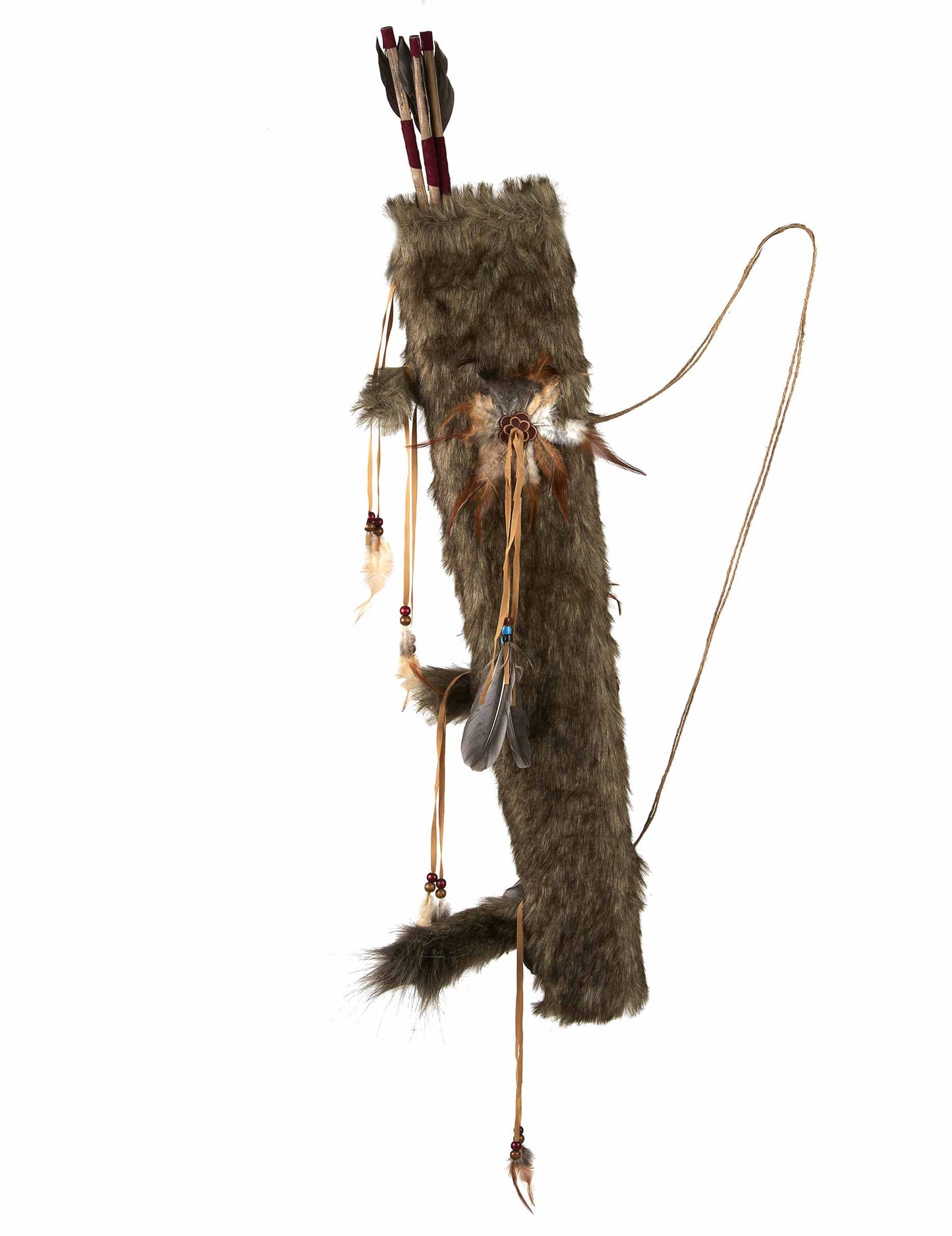 Détail du carquois en fourrure et des flèches de l'arc avec fléches indien luxe