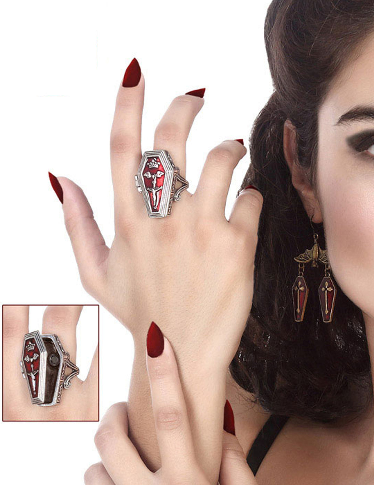 Bague cercueil porte poison pour adulte argentée et rouge