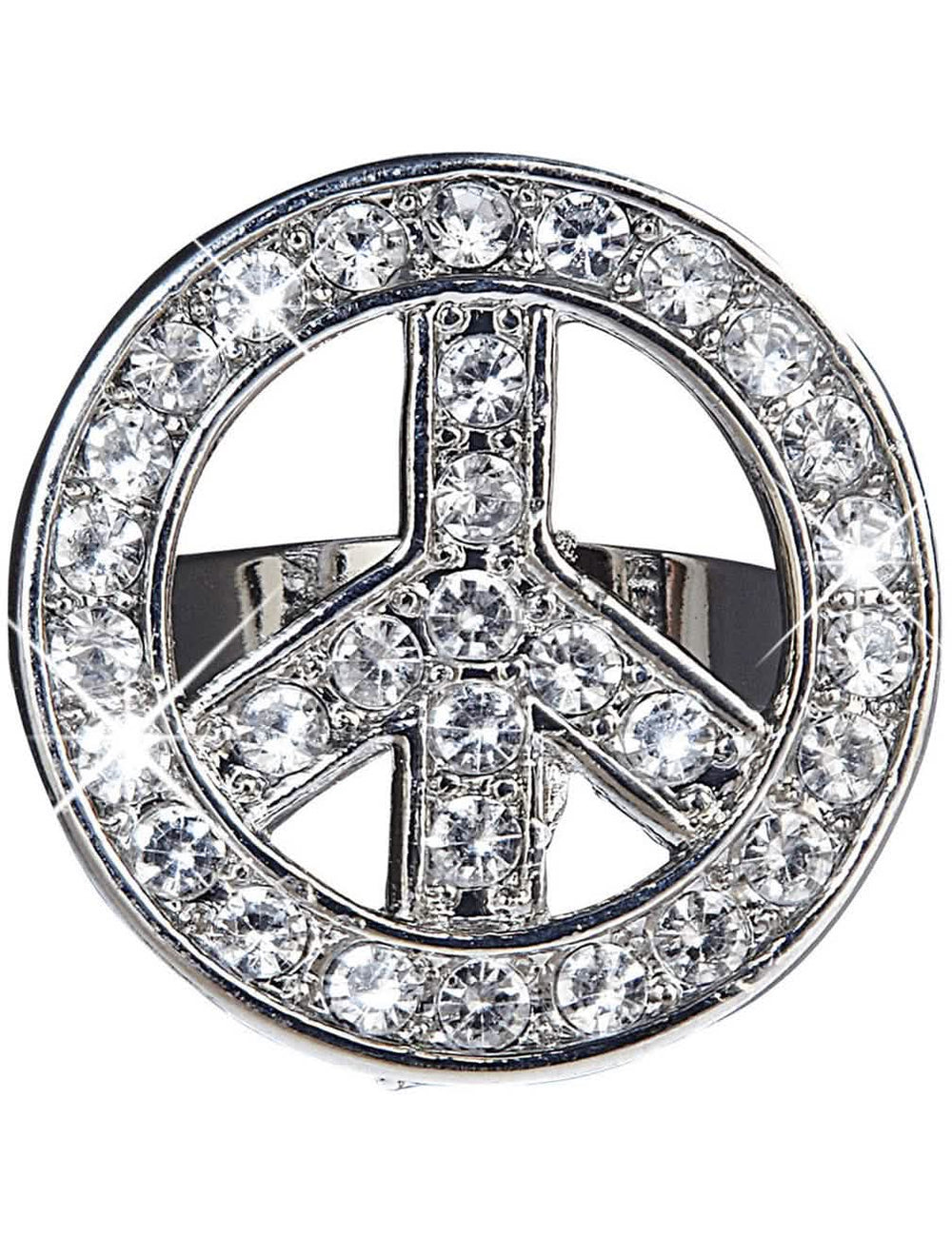 Hippie prsteň pre dospelý strieborný so strasom v tvare peace and love