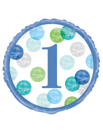Biely a modrý fóliový balón k 1. narodeninám 45 cm pastelové bodky