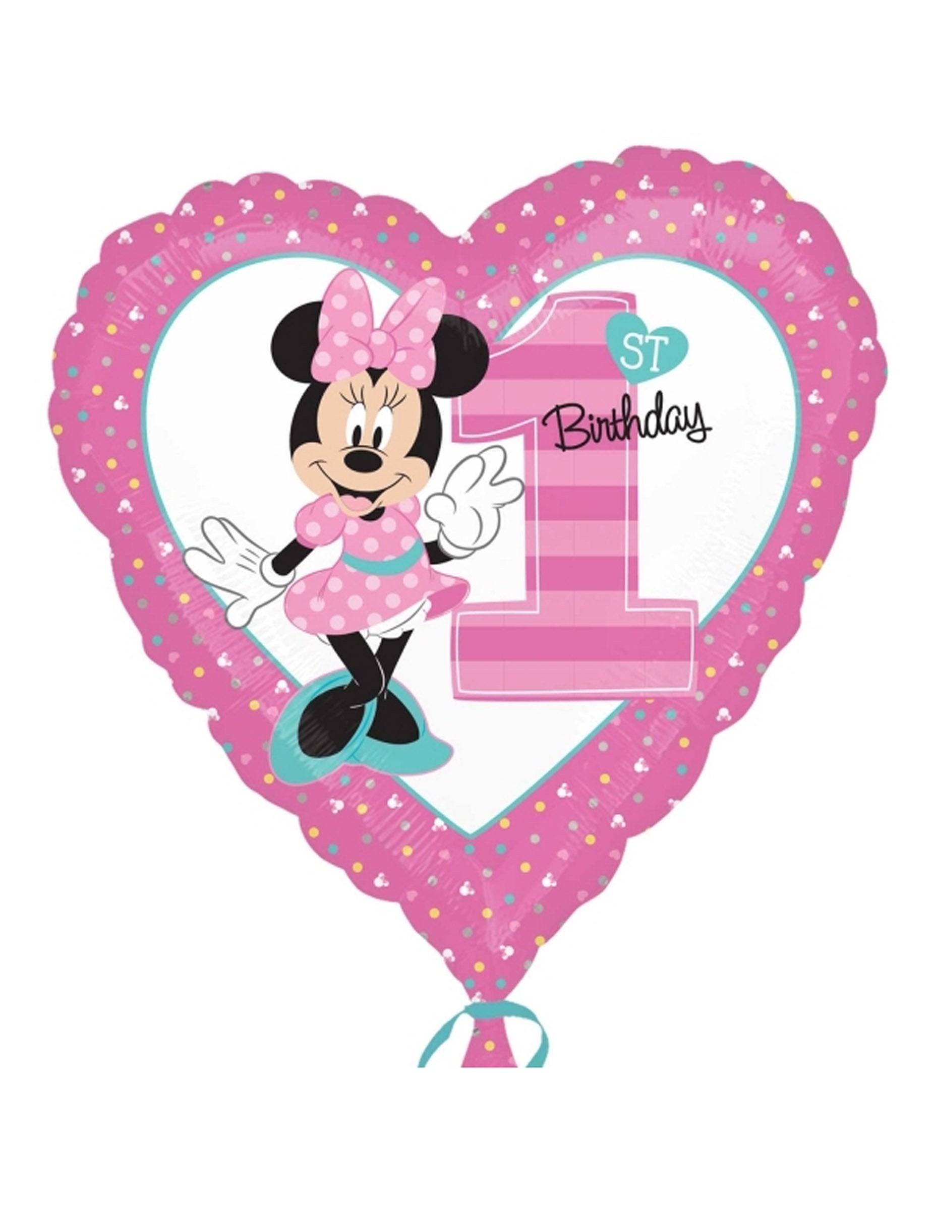 Ballon aluminium 1er Anniversaire Minnie pour enfant rose en forme de cœur