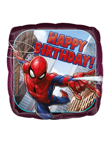 Ballon aluminium carré Spider-man Happy Birthday pour anniversaire rouge et bleu avec décor de ville