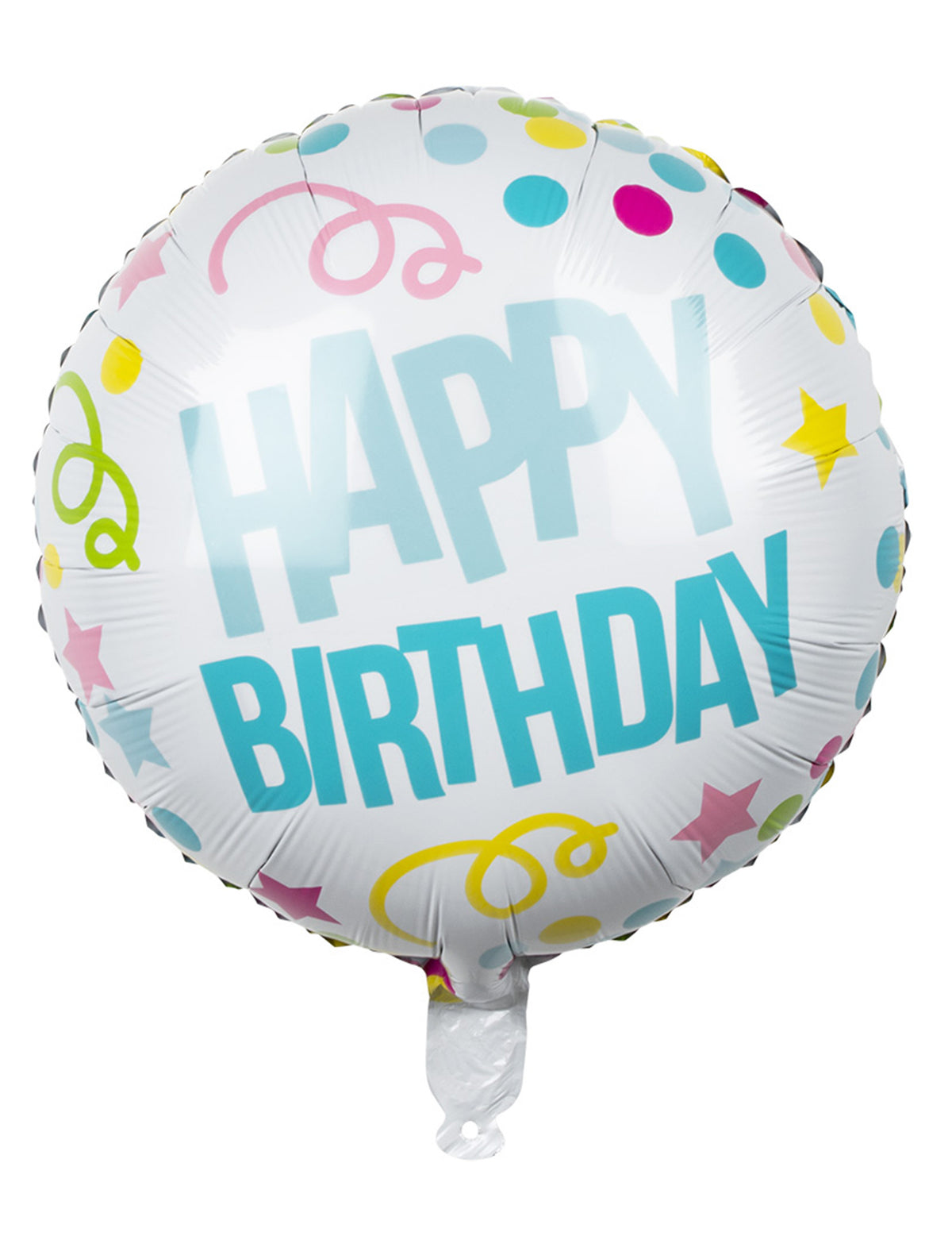 Ballon aluminium Confettis Happy Birthday pour anniversaire blanc aux motifs colorés