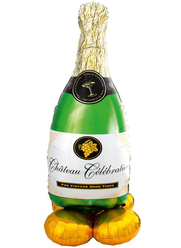 Ballon aluminium airloonz bouteille de champagne pour fête vert et doré qui tient debout seul