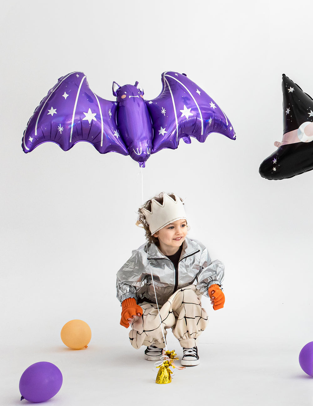 Ballon aluminium géant chauve-souris pour enfant violette avec étoiles blanches