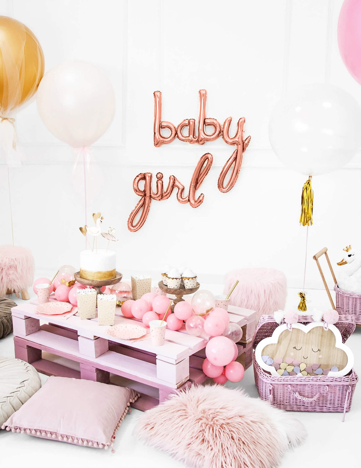 Výzdoba baby shower s bufetom a pečivom z hliníkového balóna girl ružové zlato