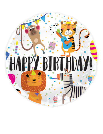 Ballon aluminium Happy Birthday animaux pour enfant blanc avec illustrations multicolores
