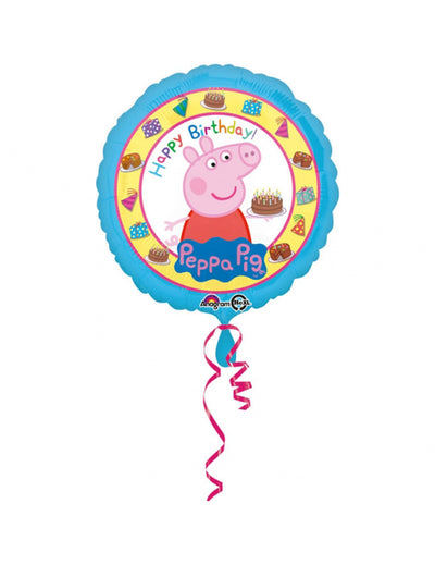Ballon aluminium Happy Birthday Peppa Pig pour enfant bleu avec gâteau d'anniversaire