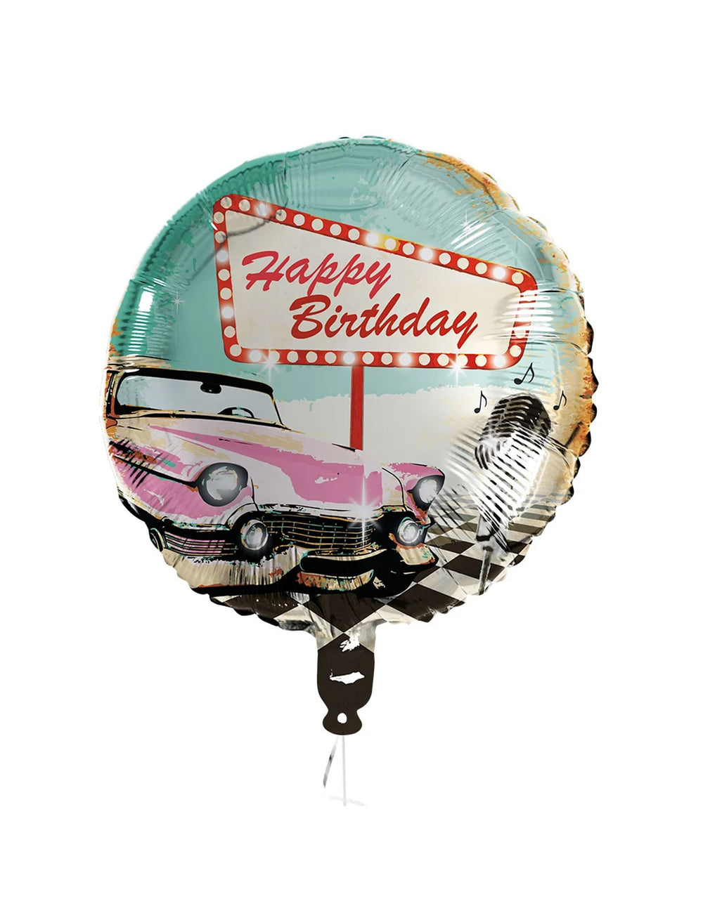 Ballon aluminium Happy Birthday Rock'n'roll pour anniversaire bleu avec voiture vintage et microphone