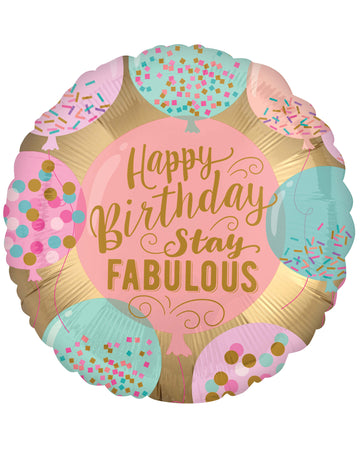 Ballon aluminium Happy Birthday pour anniversaire rose et doré Stay Fabulous