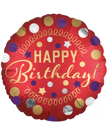 Ballon aluminium Happy Birthday pour anniversaire rouge satiné avec pois dorés et argentés