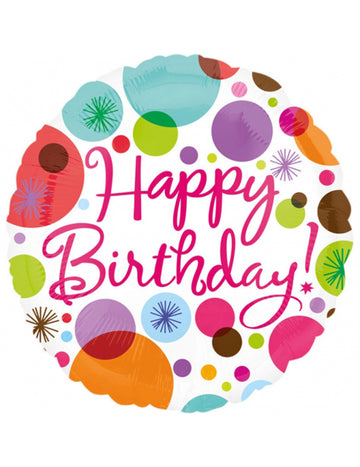 Hliníkový balón happy birthday 43 cm biely s bodkami 