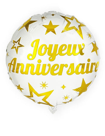 Ballon aluminium Joyeux Anniversaire blanc et doré avec étoiles