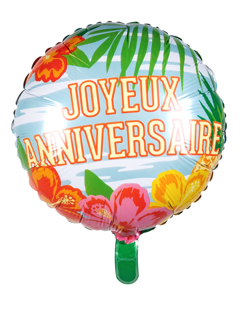 Ballon aluminium Joyeux Anniversaire Paradise multicolore aux motifs tropicaux de fleurs d'hibiscus et palmiers