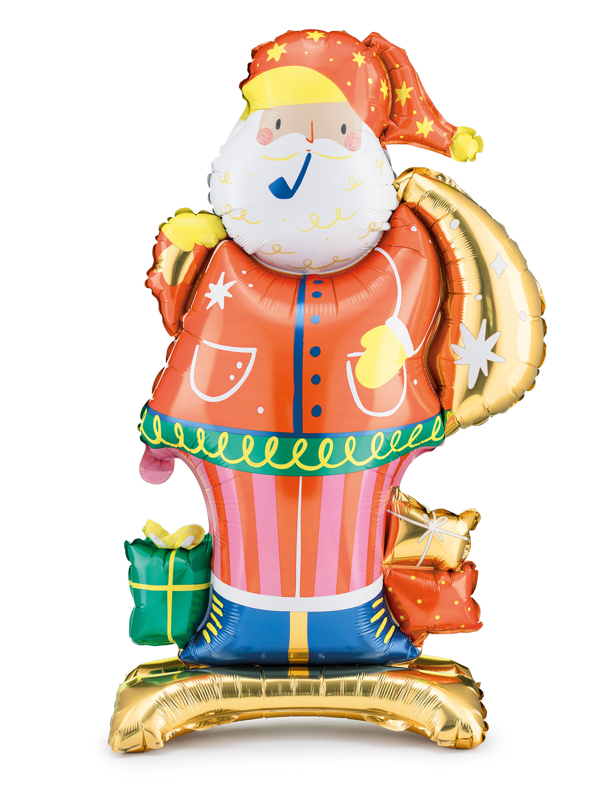 Ballon aluminium Père Noël rouge et doré avec hotte et cadeaux
