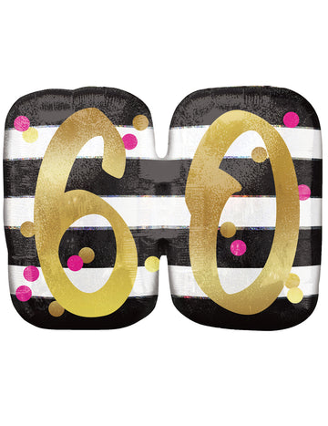 Ballon aluminium rectangulaire 60 ans pour anniversaire fuchsia et or à rayures noir et blanc