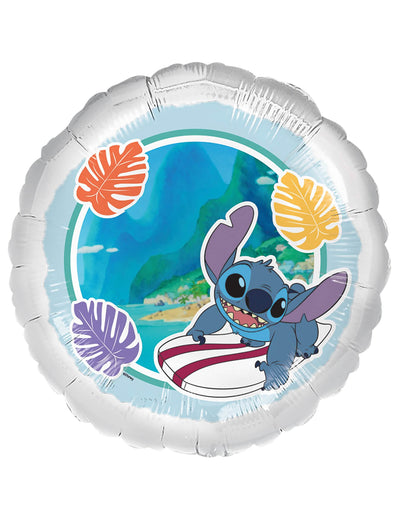 Héliový balón Stitch surfer pre dieťa modrá a biela s tropickými listami